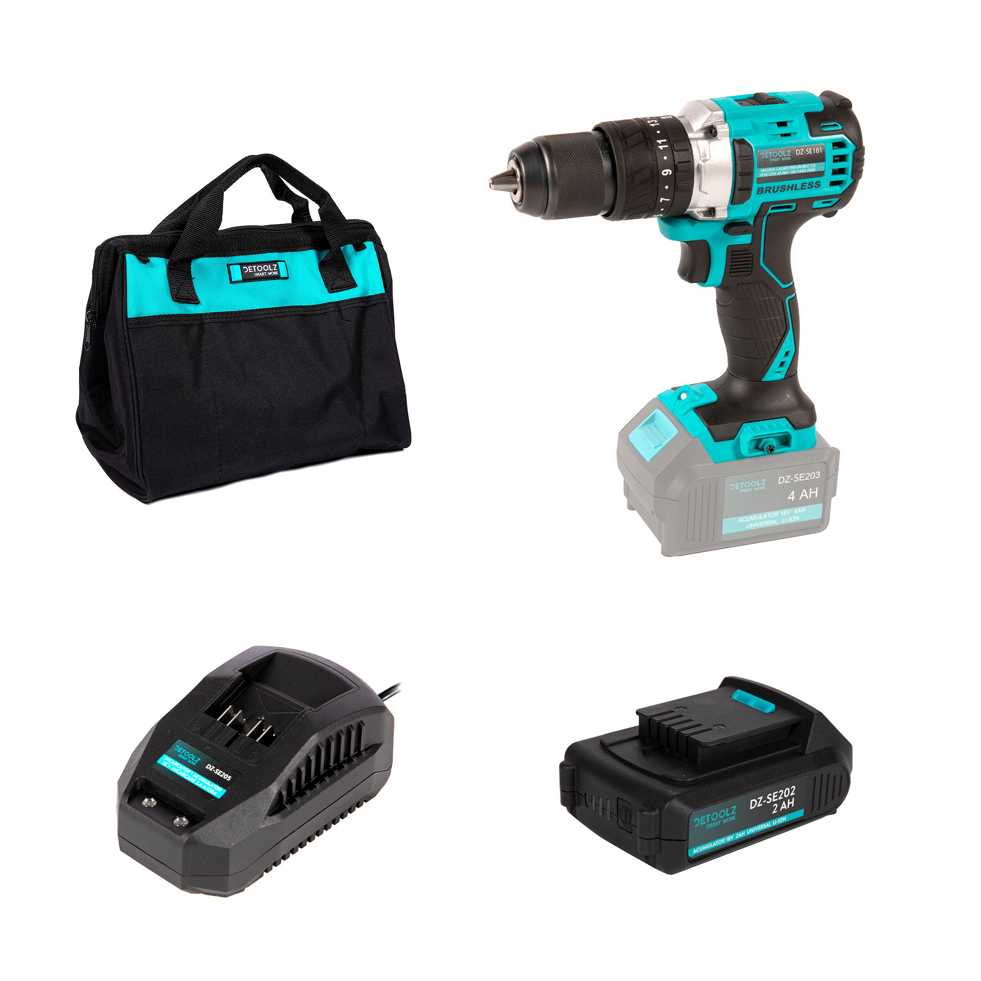 Pachet promo - Masina gaurit/insurubat percutie 45Nm 18V fara perii, Acumulator, Incarcator si Geanta 14